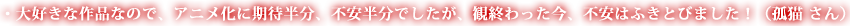 大好きな作品なので、アニメ化に期待半分、不安半分でしたが、観終わった今、不安はふきとびました！（孤猫 さん）